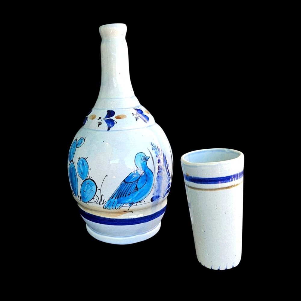 Signed Tonala Mexico GC Pottery Jug Mug Set Vintage Ceramic Hand Painted Blue